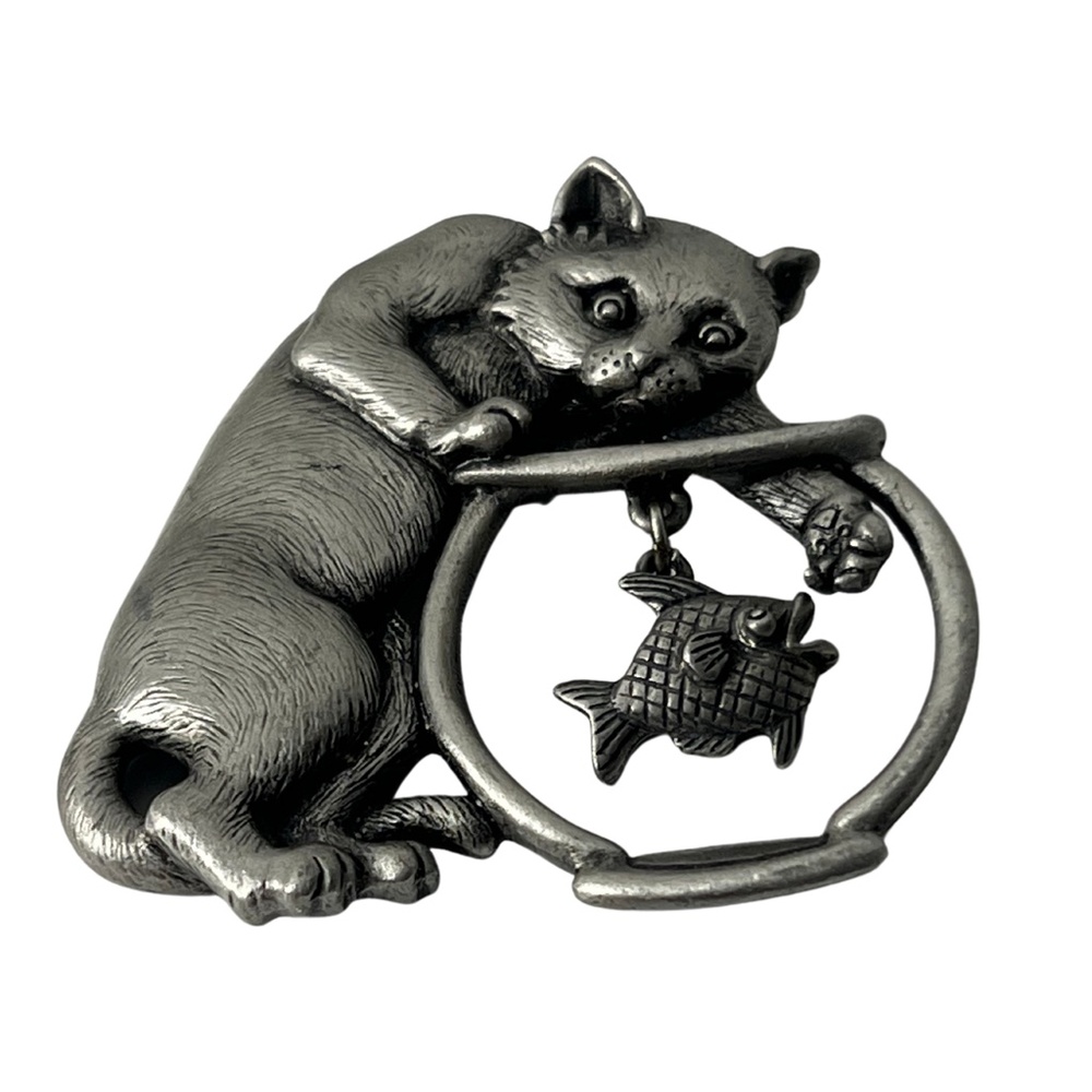 Vintage JJ Jonette Pewter Cat and Fish Bowl | Cat Lovers